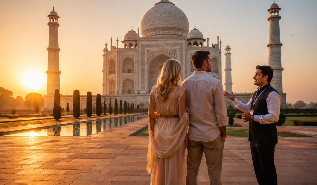 Couple enjoying a private luxury sunrise tour of the Taj Mahal with a personal guide in Agra