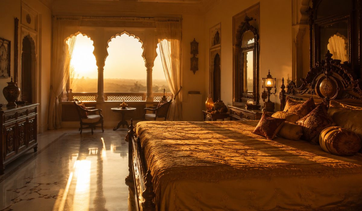 Luxury heritage bedroom inside a royal Rajasthan palace with golden sunrise light through arches