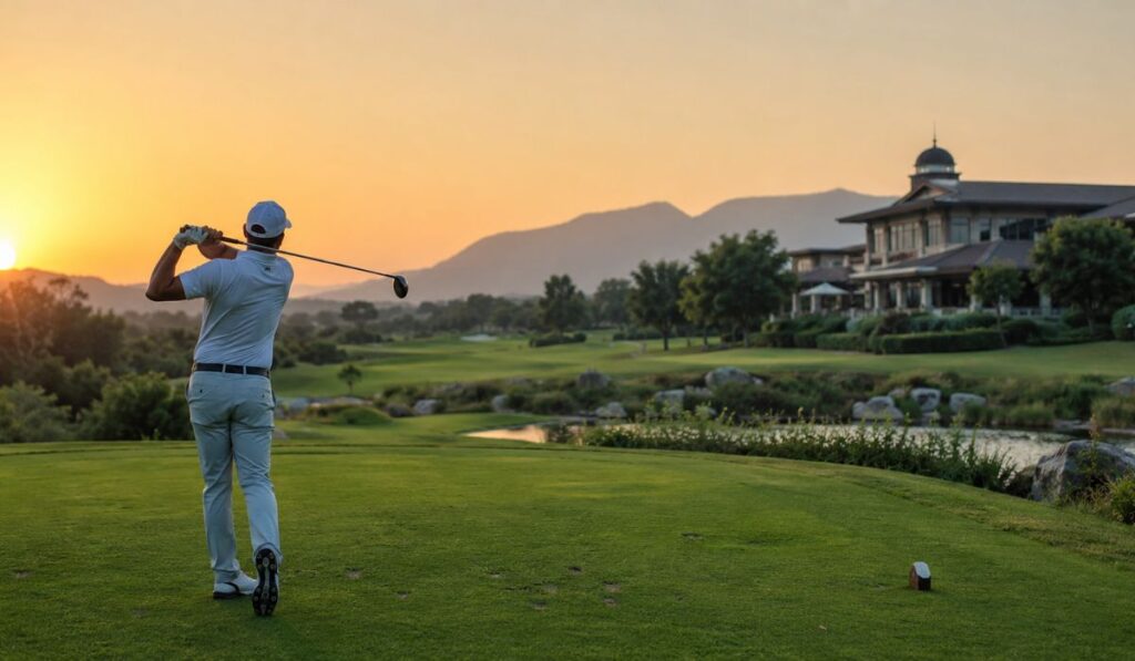 Luxury golfer playing on a championship golf course in India during sunrise with a luxury clubhouse in the background.