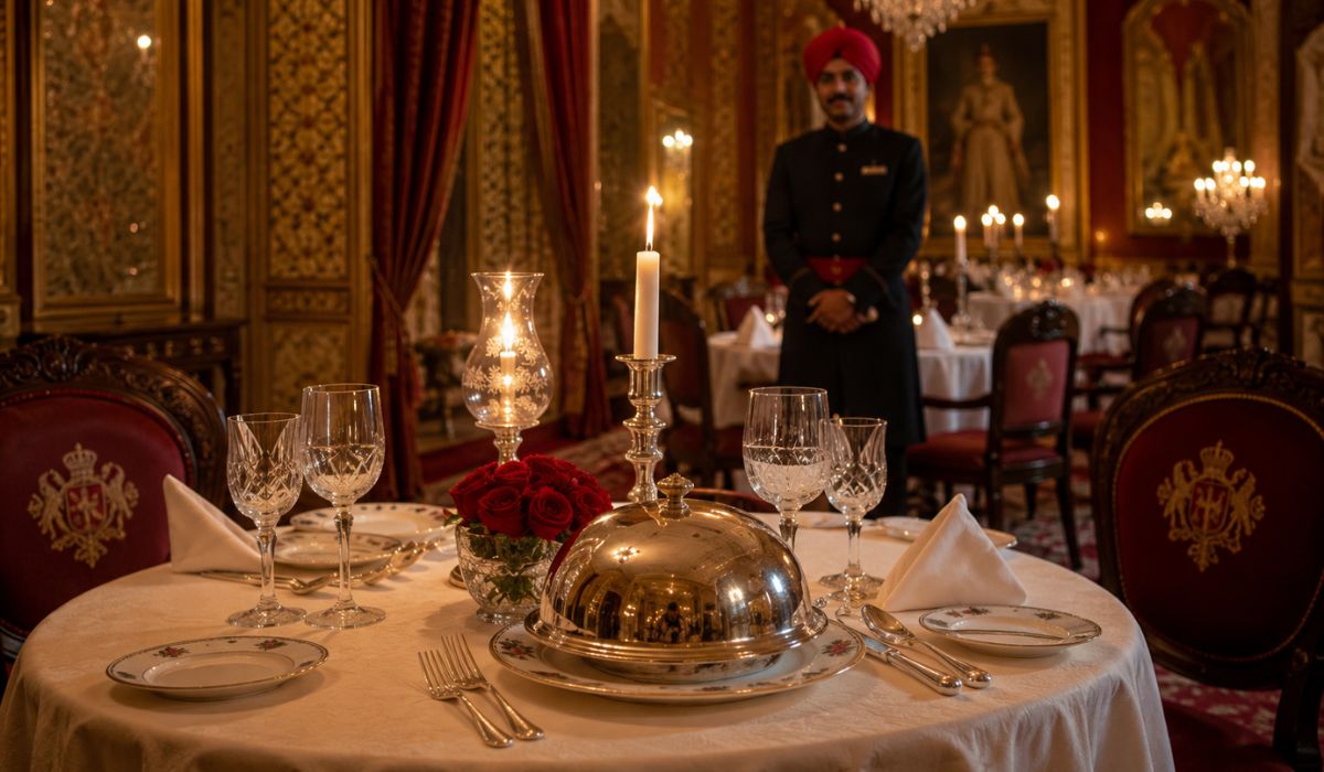 Luxury fine dining experience inside a royal palace in Jaipur during a Luxury Golden Triangle Tour.