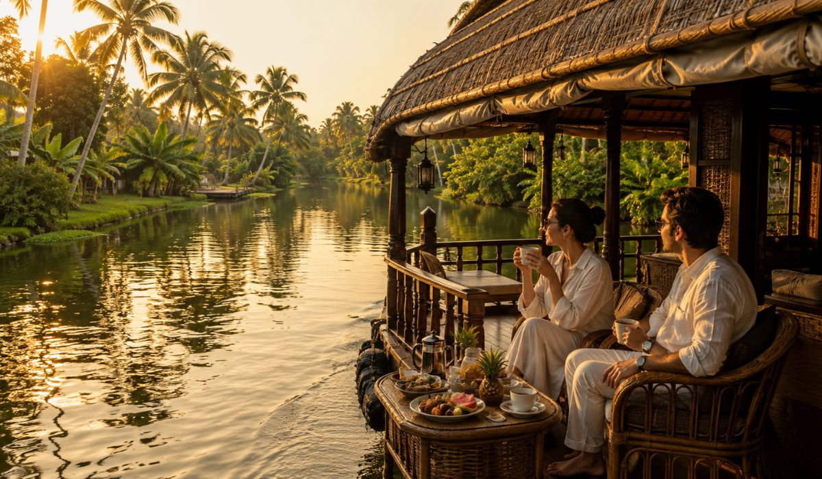 Couple enjoying a luxury Kerala houseboat honeymoon on the backwaters